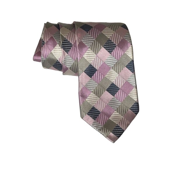 Geoffrey Beene Tie Mens Silk Necktie Pink Gray Plaid Work Business Career Office - Picture 1 of 12